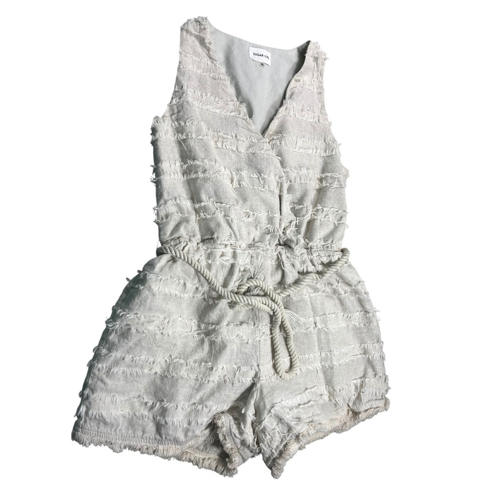 Sugar Lips Romper Womens XS Ivory Linen Blend Fringe Belted Boho Resort